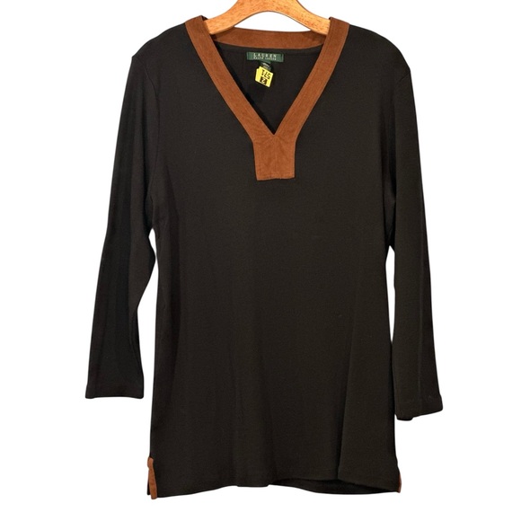 Ralph Lauren Tops - Ralph Lauren Black Long Sleeve Top w/ Brown Trim- XL- Cotton